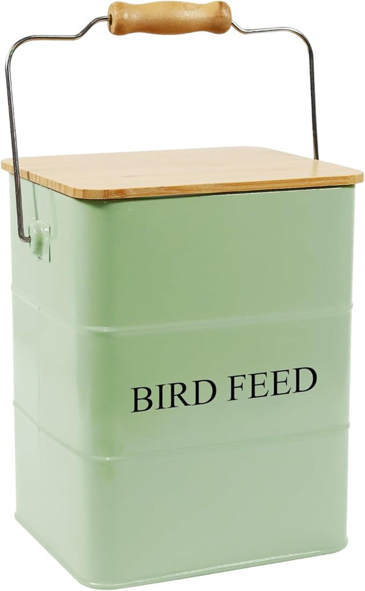 Metal Bird Seeds storage container,Outdoor Bird Container Canister, Pet Food Bin with Wooden Lid/Handle/Food scoop,hold 5-6 Lbs of Wild Bird Seed Sunflower Seed-Preventing Squirrels-Green