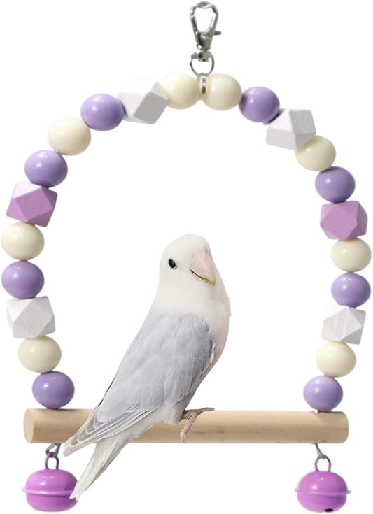 Wooden Bird Swing for Cockatiels Parrot Perch Hanging Toys Parakeets Birdcage Stands Cage Playground Play Gyms Accessories Colorful Bead Bell Climbing Toy for Lovebirds Conures Budgies (Purple-White)