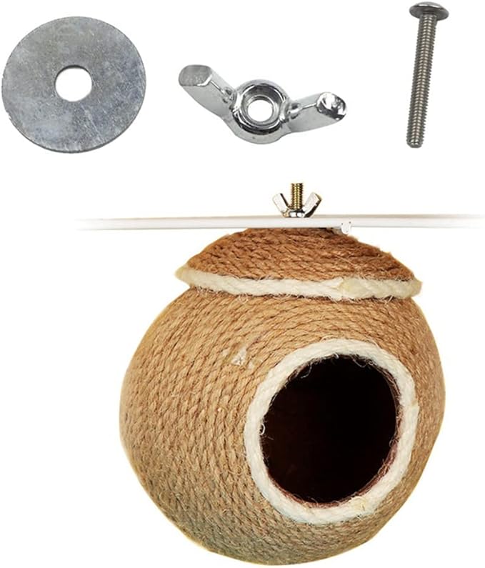 Sugar Glider House Climb Toys Natural Coconut Shell Hemp Rope Hut Hide Out Nest for Rat Hamster Squirrel Bird Parakeet,Cage Habitats Hammock (Screw Fixed)