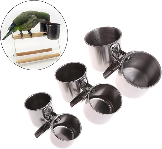 Silver Parrot Feeding Cups Hanging Pet Animal Stainless Steel cage Bowls Bowls for Cage Parakeet Bird Cage Accessories Suitable Small and Medium Bird Pet Supplies