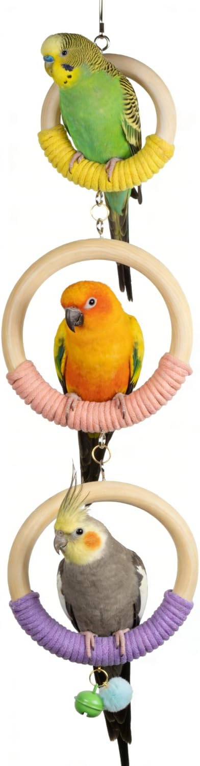 3-Ring Bird Wooden Swing with Bell Climbing Toy Chewable Cotton Rope Perch for Cage Cockatiels Budgies Parakeets Lovebirds 17 Inch