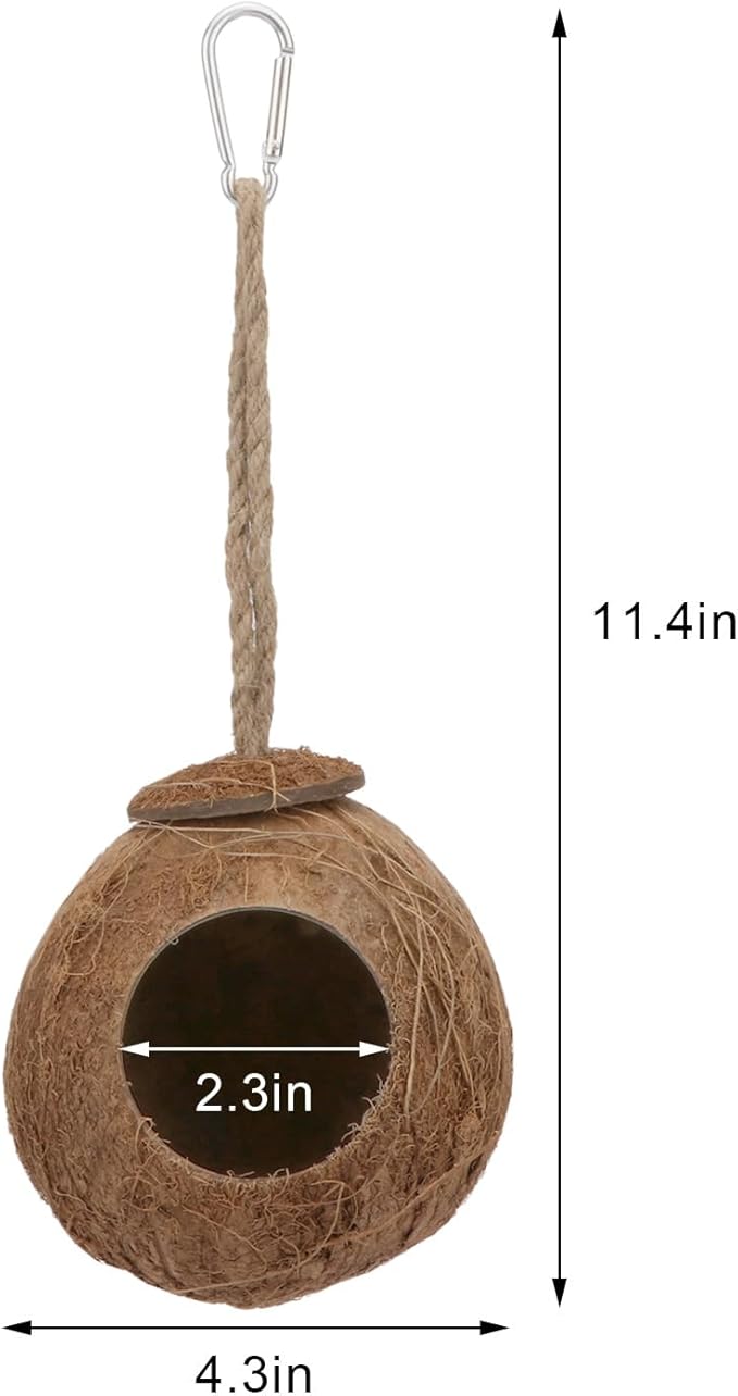 Hypeety Natural Coconut Shell Bird Nest House Hut for Pet Parrot Canary Finch Pigeon Cage Hamster Rat Gerbil Mice Cage Seed Feeder Toy (with Sturdy Hook)