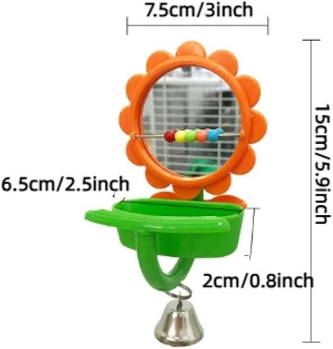 2PCS Multi-Function Bird Bath & Feeder Set, Cute Leaf Shape Bathing Tub with Wheel Toy, Bird Feeder with Flower Shape Mirror & Ringing Bell for Canary Finch Budgie Lovebird Conure