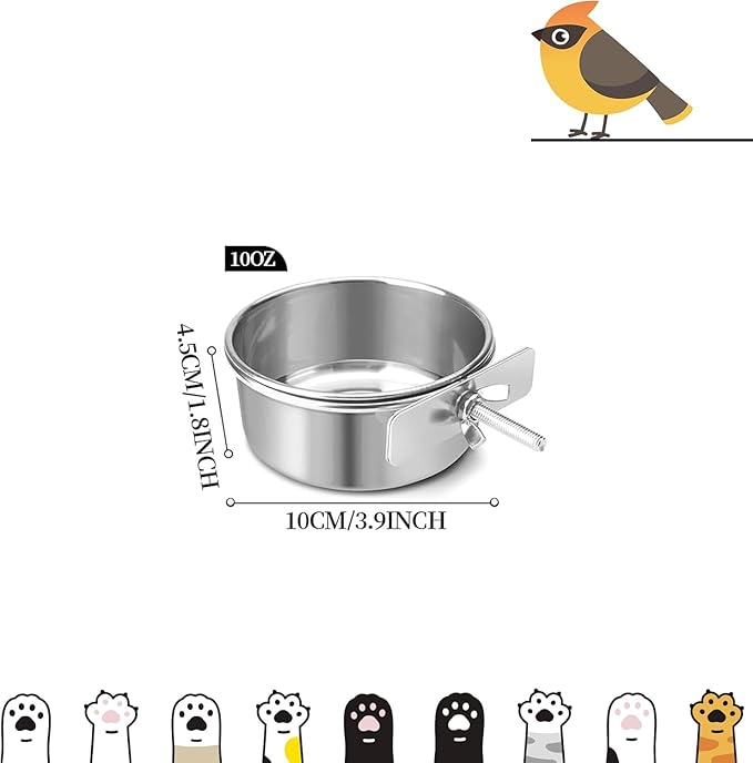 Bird Cage Feeder, Bird Feeder for Cage, 2 Pcs 10oz Stainless Steel Food Water Bowls with Clamp, Hanging Coop Cups for Parrot Cockatiel Hamster Rabbit Rat Small Animals