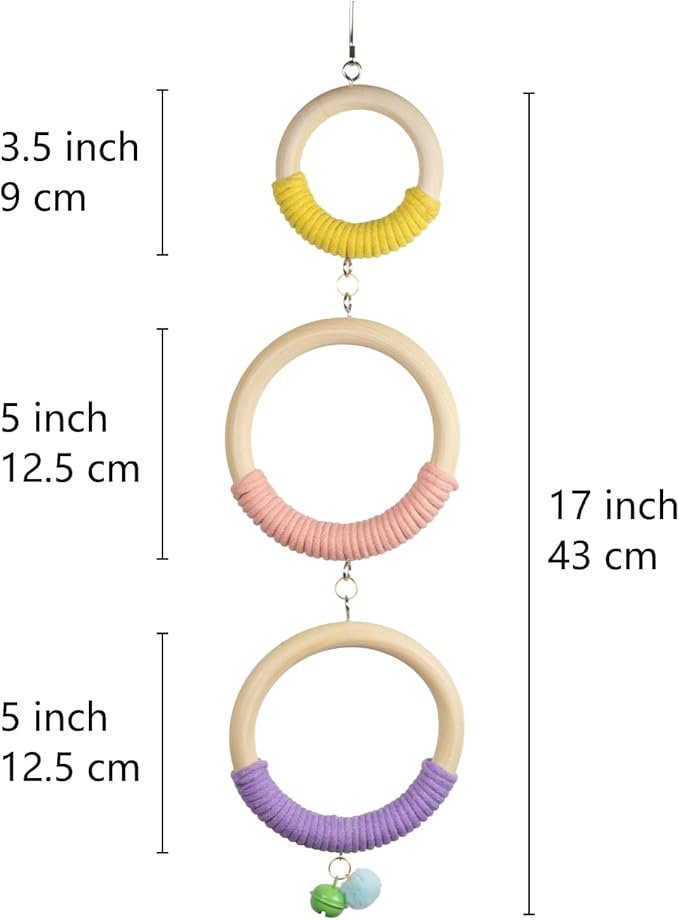 3-Ring Bird Wooden Swing with Bell Climbing Toy Chewable Cotton Rope Perch for Cage Cockatiels Budgies Parakeets Lovebirds 17 Inch