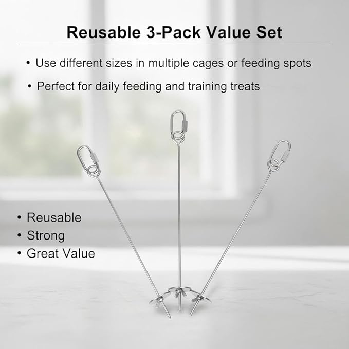 3P Stainless Steel Bird Cage Food Holder & Foraging Toy for Parakeets, Budgies, Macaws - Fruit & Vegetable Skewer Feeder