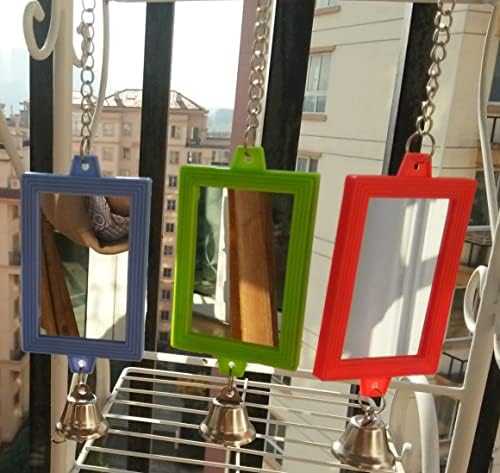 Litewoo 3-Piece Parrot Mirror Toys with Bell Pendant Toy for Bird Parakeet Cockatiel Budgie Conure（Square）