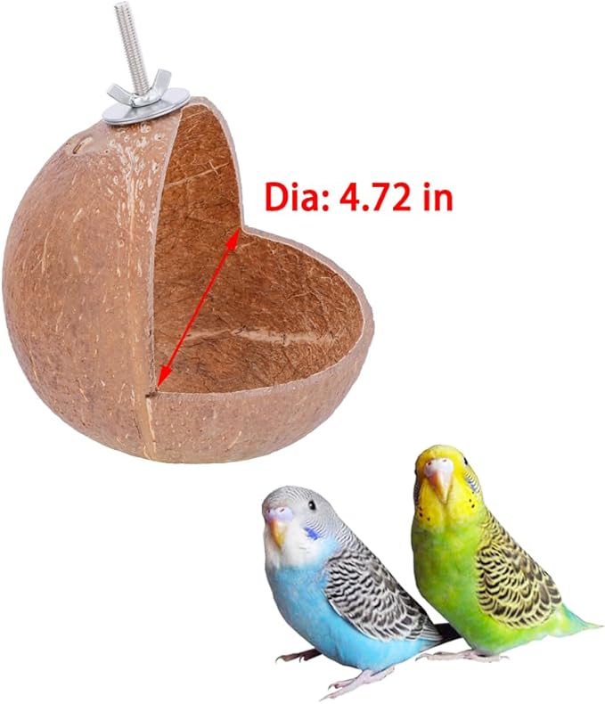 VTurboWay 2 Pack Natural Coconut Shell Parrot Hide Hut Habitat Decor Hanging Nest for Parrot Parakeet Lovebird Finch Canary (with 2 Pcs Warm Pad)