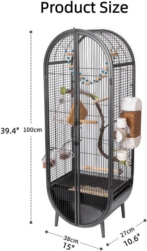 39.4-Inch Large Metal Bird Cage, Luxury Birdcage with Double Doors & Accessories, Freestanding Parrot Cage for Lovebirds, Cockatiels, Grey Parrots(Black)
