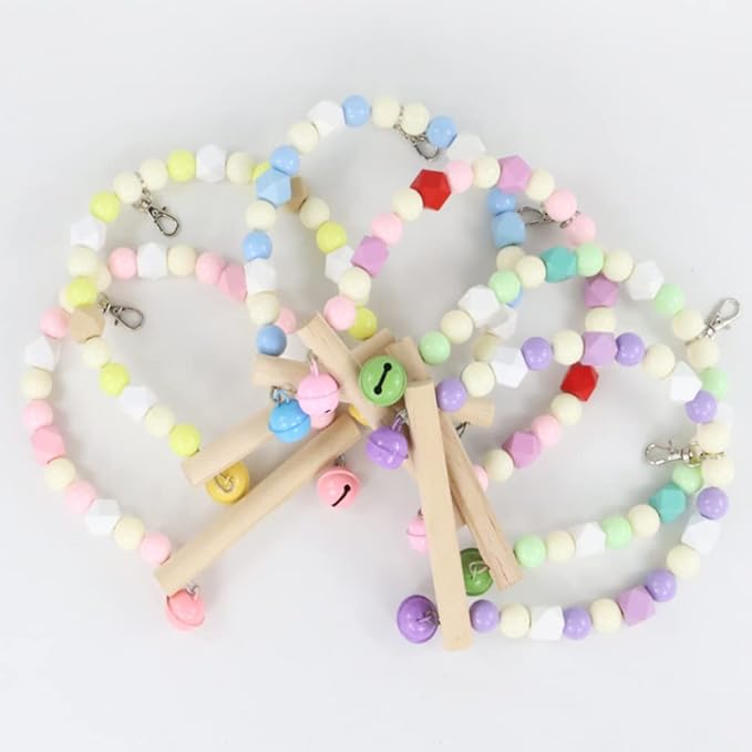 Wooden Bird Swing for Cockatiels Parrot Perch Hanging Toys Parakeets Birdcage Stands Cage Playground Play Gyms Accessories Colorful Bead Bell Climbing Toy for Lovebirds Conures Budgies (Green)