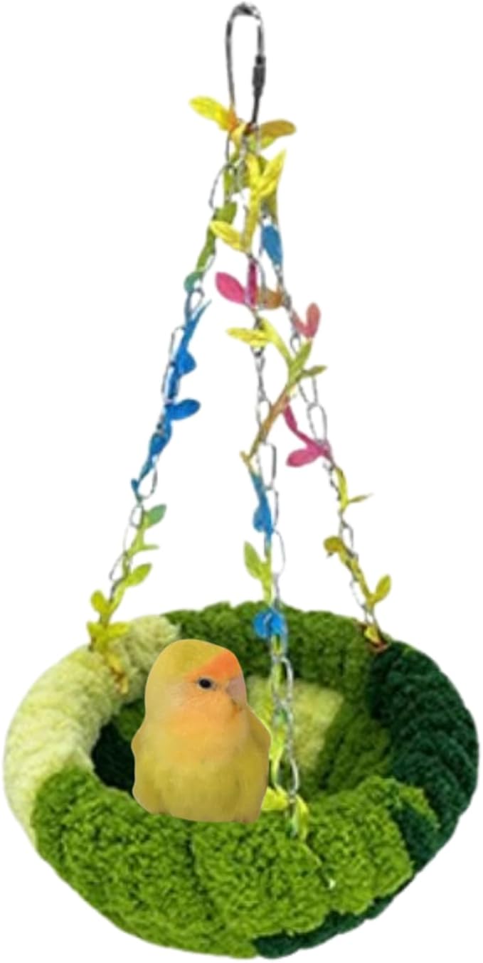 Bird Hammock Winter Warm Parrot Nest Bed Plush Snuggle Pet Cave Hammock Toy Parrot Cage Accessories (Green,S)