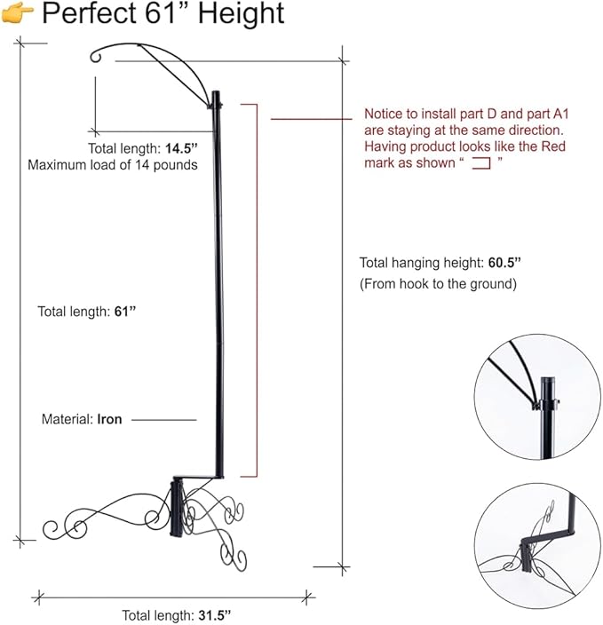HOHIYA Heavy Duty Shepherd Hook 61 Inch Bird Cage Stand Outdoor Garden for Bird Feeders Hanging Plants Solar Lights & Lanterns Weather-Resistant Black Powder Coated Steel