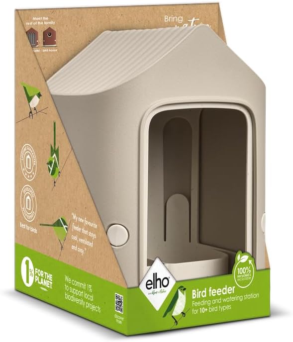 Elho Cosy Bird Feeder 18 cm - Outdoor Bird Feeder and Drinker - 100% Recycled Plastic - L17.6 x B18 x H23 cm - Beige/Beige Mushroom