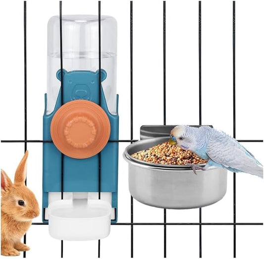 2 Pcs Bird Water Feeder, Automatic Bird Water Dispenser & Stainless Steel Bird Food Bowl, Cage Accessories for Parrot & Hamster Parakeet Cockatiel Budgie Lovebirds (Feeders & Water)