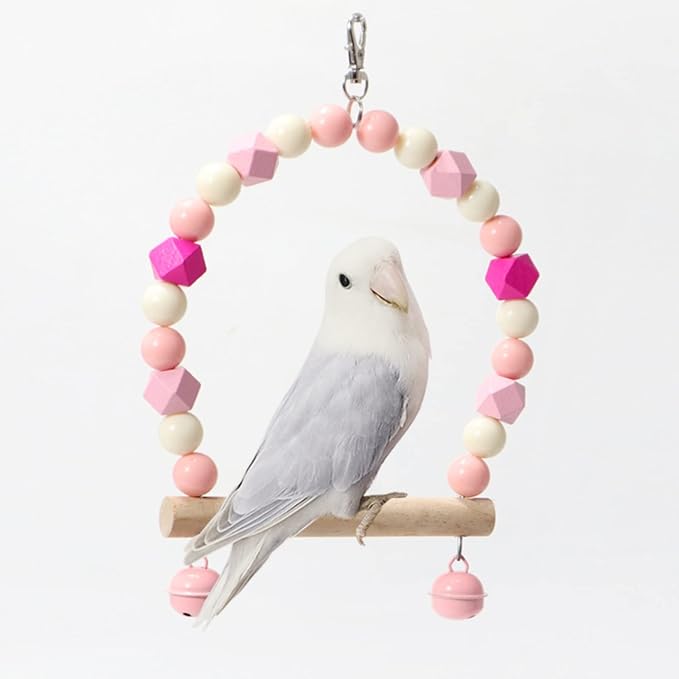 Wooden Bird Swing for Cockatiels Parrot Perch Hanging Toys Parakeets Birdcage Stands Cage Playground Play Gyms Accessories Colorful Bead Bell Climbing Toy for Lovebirds Conures Budgies (Pink-A)