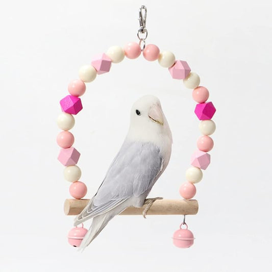 Wooden Bird Swing for Cockatiels Parrot Perch Hanging Toys Parakeets Birdcage Stands Cage Playground Play Gyms Accessories Colorful Bead Bell Climbing Toy for Lovebirds Conures Budgies (Pink-A)