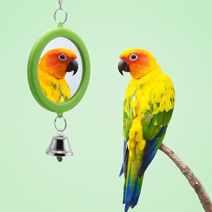 Litewoo Parrot Mirror Toys with Bells Hanging Pendant Random Color Bird Cage Mirror Swing Toy 2-Pieces （Two Round）