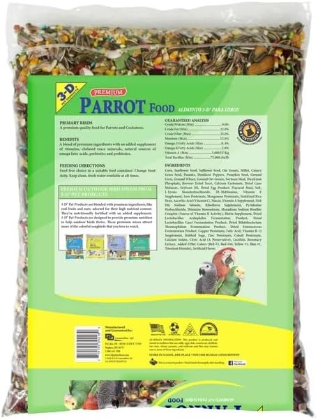 3-D Pet Products Premium Parrot Bird Food Seeds, with Probiotics, Excellent for Parrots, Cockatoos and Macaws 8 lb. Bag