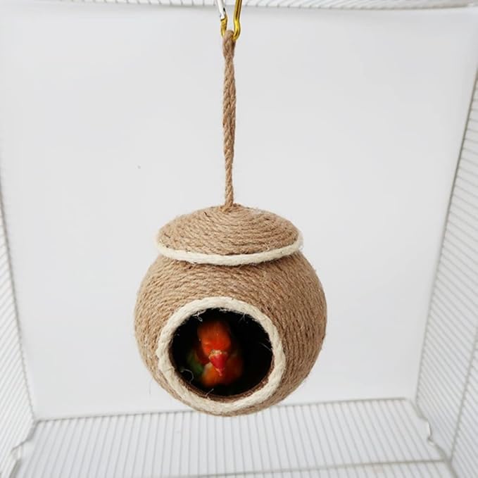 Sugar Glider House Climb Toys Natural Coconut Shell Hemp Rope Hut Hide Out Nest for Rat Hamster Squirrel Bird Parakeet,Cage Habitats Hammock (Metal Hook)