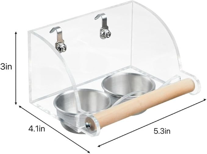 Bird feederDouble Removable Cups - Splash Protection and Natural Wood - cage Safety Hook Design - Splash Proof and Easy to Clean - Small/Medium Birds