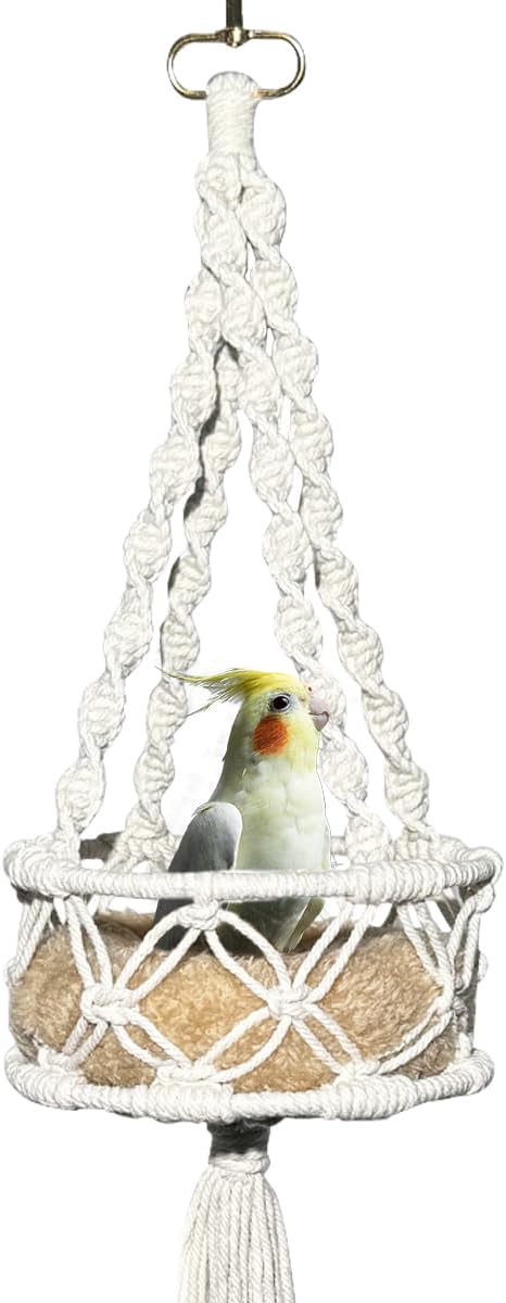 Warm Bird Cage Bird Nest, Bohemian Style Cotton Woven Hanging Small Bird Bed for Cage, Warm Nest for Canary, Lovebird, Budgie, Finch (Beige)