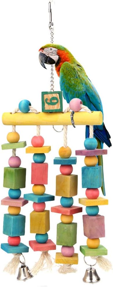 Litewoo Parrot Hanging Chew Toy Bird Bite Swing with Colorful Wood Beads Bells for Parrot Macaw African Greys Cockatiels Cage Accessories (Hanging with Bell Toy)