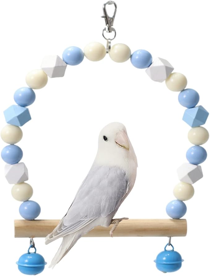 Wooden Bird Swing for Cockatiels Parrot Perch Hanging Toys Parakeets Birdcage Stands Cage Playground Play Gyms Accessories Colorful Bead Bell Climbing Toy for Lovebirds Conures Budgies (Blue-White)