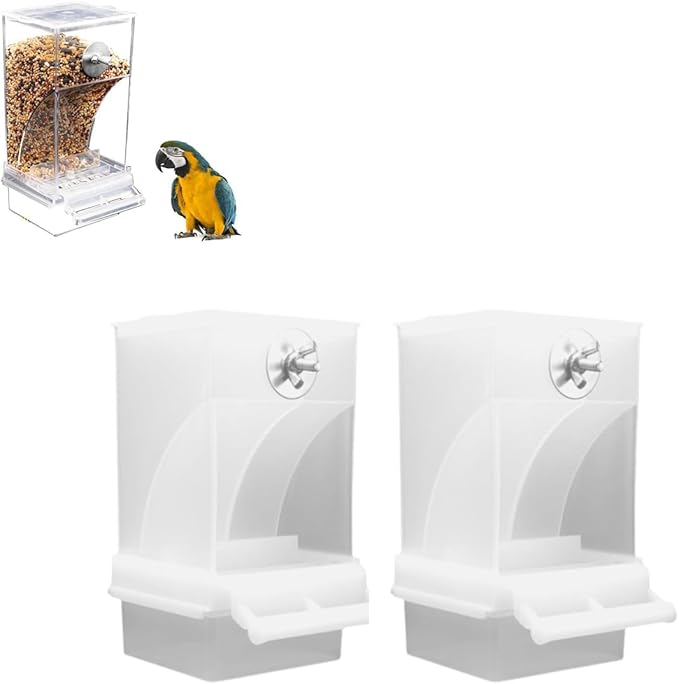 No Mess Bird Feeder for Cage,Automatic Parrot Feeder Cage Accessories,Transparent Parakeet Seed Container Food Feeder Drinker for Cage,No-Spill Transparent Bird Feeder (White*2)