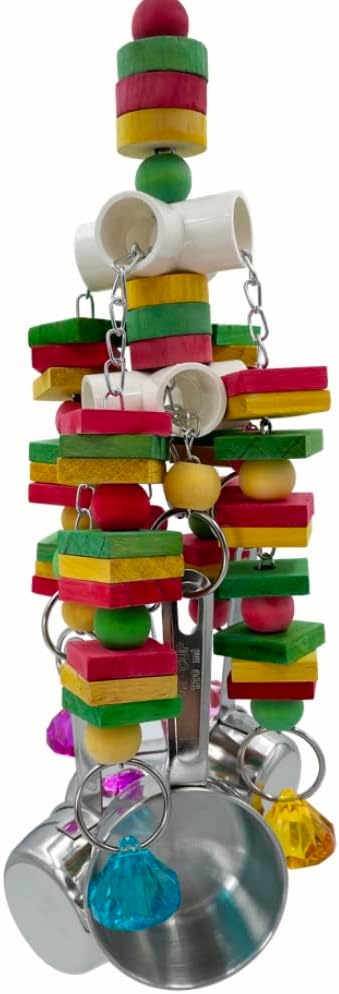 Large Parrot Toy, Multicolored Natural Wooden Strings and Stainless Steel Cups Bird Chewing Toys for Medium and Large Parrot Macaws African Grey Cockatoos Eclectus
