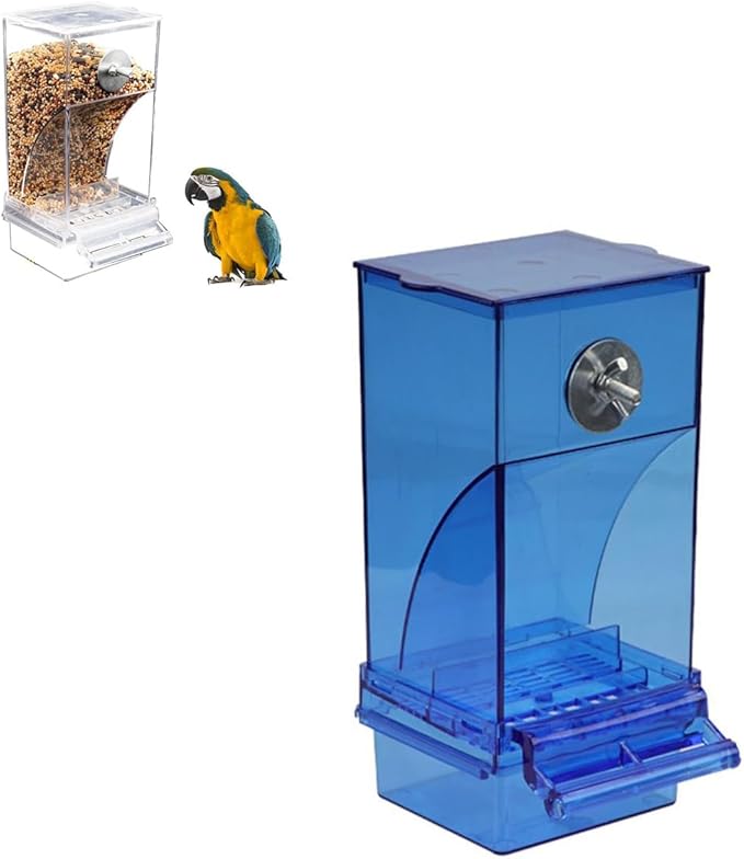 No Mess Bird Feeder for Cage,Automatic Parrot Feeder Cage Accessories,Transparent Parakeet Seed Container Food Feeder Drinker for Cage,No-Spill Transparent Bird Feeder (Blue)