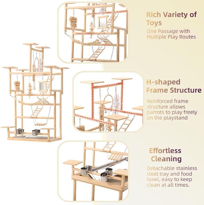 VELVETPAW Bird Playground – 7-Level Natural Wood Parrot Playstand with Feeders & Toys, Modular Two-Tier Bird Play Gym, Detachable Top Tabletop Stand & Detachable Top Tabletop Stand
