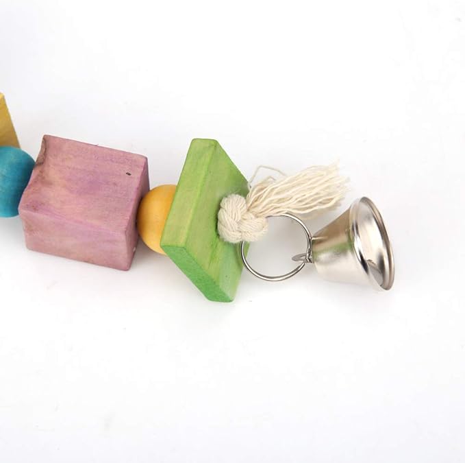 Litewoo Parrot Hanging Chew Toy Bird Bite Swing with Colorful Wood Beads Bells for Parrot Macaw African Greys Cockatiels Cage Accessories (Hanging with Bell Toy)