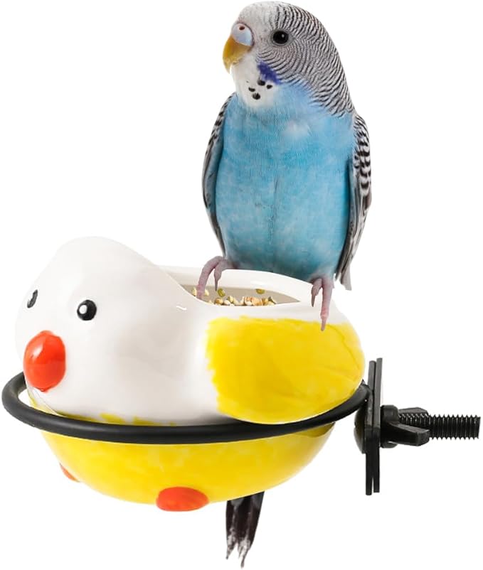 Birdcage Food Bowl Ceramic Bird Feeding Dish Cup with Clamp Holder Food Water Bowl for Canary Finch Parakeet Budgie Cockatiel Lovebird (Yellow)