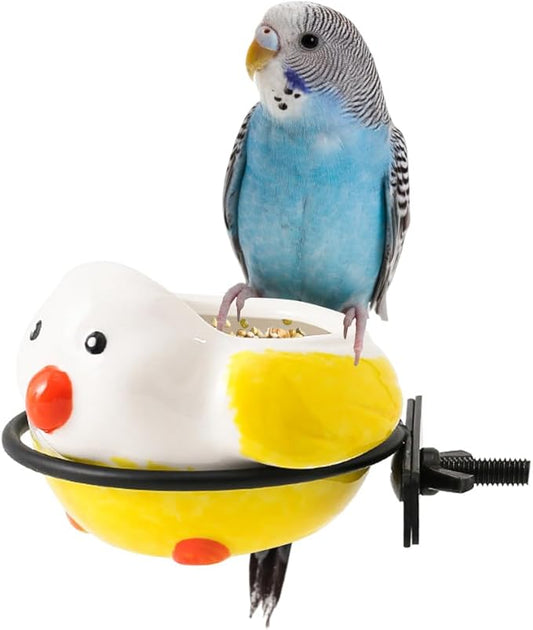 Birdcage Food Bowl Ceramic Bird Feeding Dish Cup with Clamp Holder Food Water Bowl for Canary Finch Parakeet Budgie Cockatiel Lovebird (Yellow)