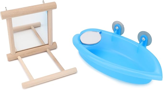 Wontee Bird Bath Parrot Bathing Tub Bird Mirror with Perch Toys for Budgies Parakeets Cockatiels Lovebirds Finches Canaries (Blue (B))