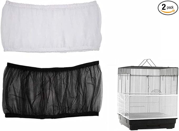 ISMARTEN Bird Cage Seed Catcher (2 Pack), Airy Gauze Bird Cage Cover Seeds Guard Dust-Proof Universal Birdcage Accessories Mesh Net Cover (Black + White, S)