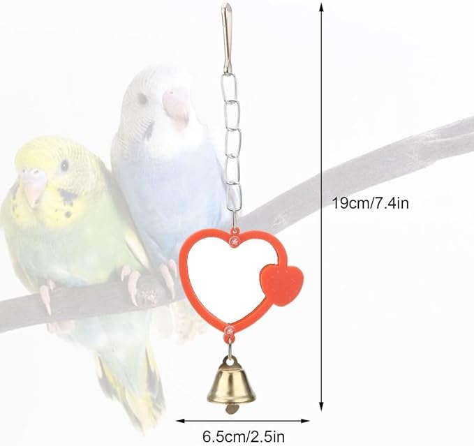 Hypeety Pet Bird Mirror with Bell Interactive Treat Puzzle Parrot Toy Bird Cage Mirror Small Bird Swing Chew Toys Fun Cage Accessories (Color Random) (Heart Shape)
