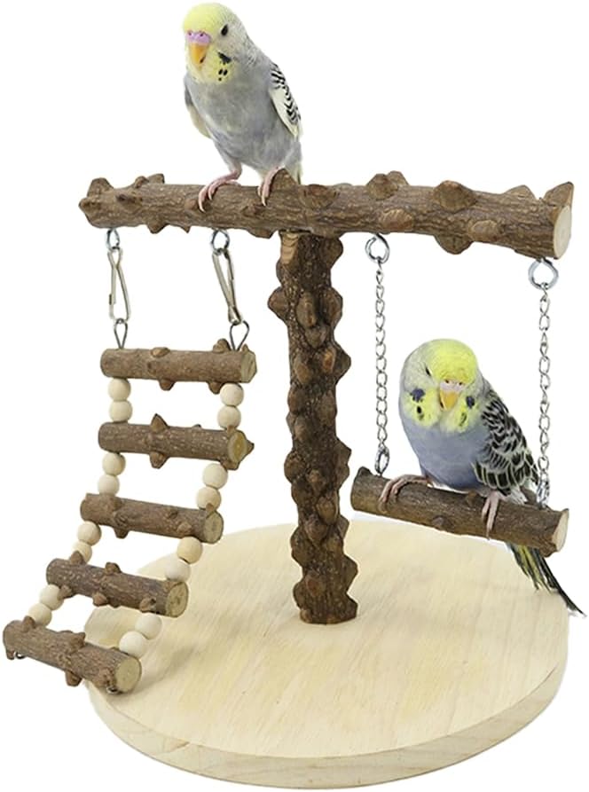 Natural Wood Parrot Play Stand, Bird Gym with Ladder and Swing, Training Station, Climbing Playground for Budgies, Cockatiels, Lovebirds,Conures Small to Medium Birds