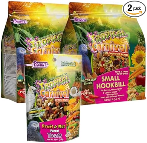 Tropical Carnival Brown’s Gourmet Small Hookbill Food & Fruit & Nut Parrot Treat Bundle – Vitamin-Fortified Daily Diet & Reward Mix for Parrots, Conures & Small Hookbills – 10 lb + 12 oz