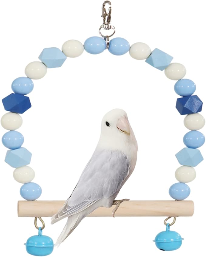 Wooden Bird Swing for Cockatiels Parrot Perch Hanging Toys Parakeets Birdcage Stands Cage Playground Play Gyms Accessories Colorful Bead Bell Climbing Toy for Lovebirds Conures Budgies (Blue)
