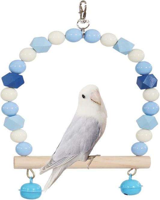 Wooden Bird Swing for Cockatiels Parrot Perch Hanging Toys Parakeets Birdcage Stands Cage Playground Play Gyms Accessories Colorful Bead Bell Climbing Toy for Lovebirds Conures Budgies (Blue)
