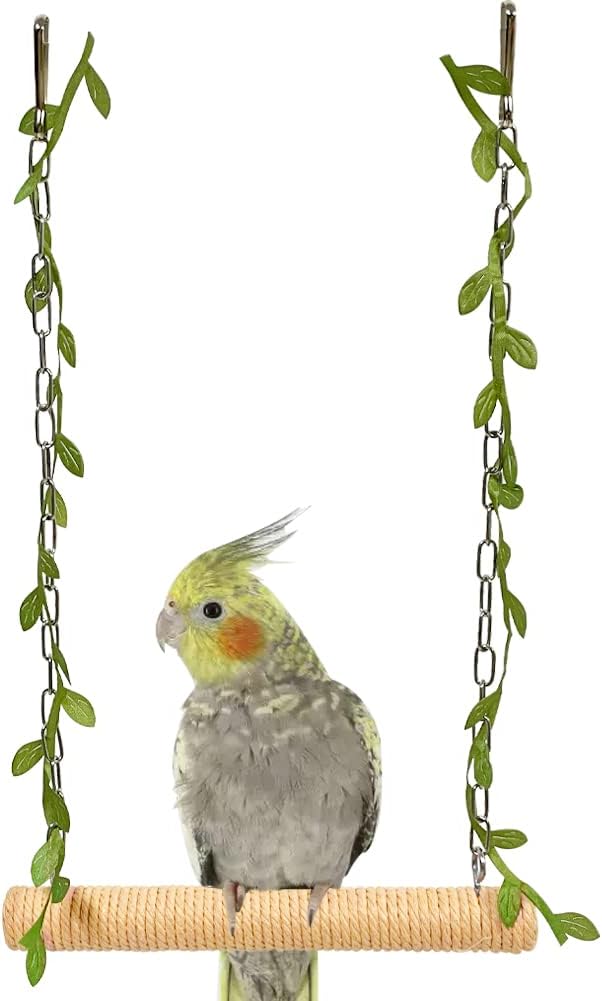 La La Pet® Hanging Wooden Pet Bird Swing with Cotton Rope Bird Cage Swing Bird Perch Swing Bird Cage Perch Bird Perch Stand Bird Swing Toy for Parrots Parakeets Cockatiels Lovebirds Brown