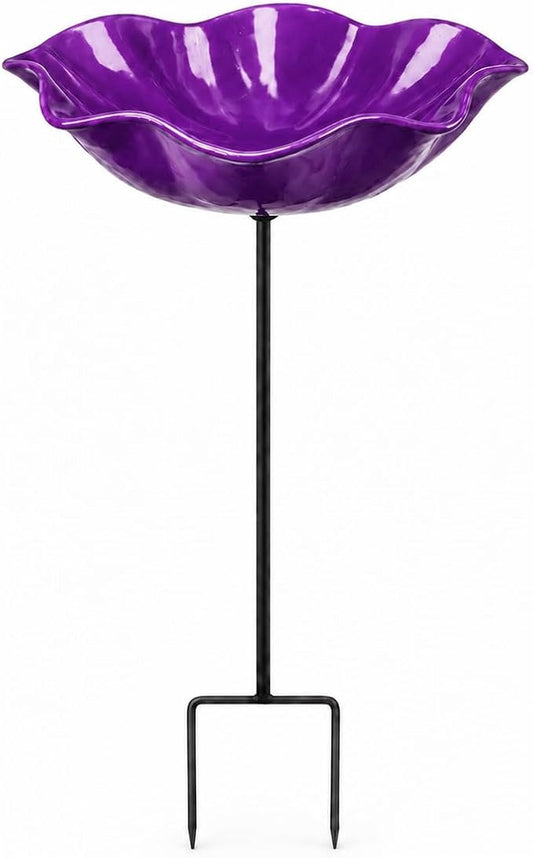 Bird Bath for Outside, Metal Flower Stakes with Bee Watering Station for Garden Decor, Decorative Flower Bath for Yard Patio or Backyard (Purple)