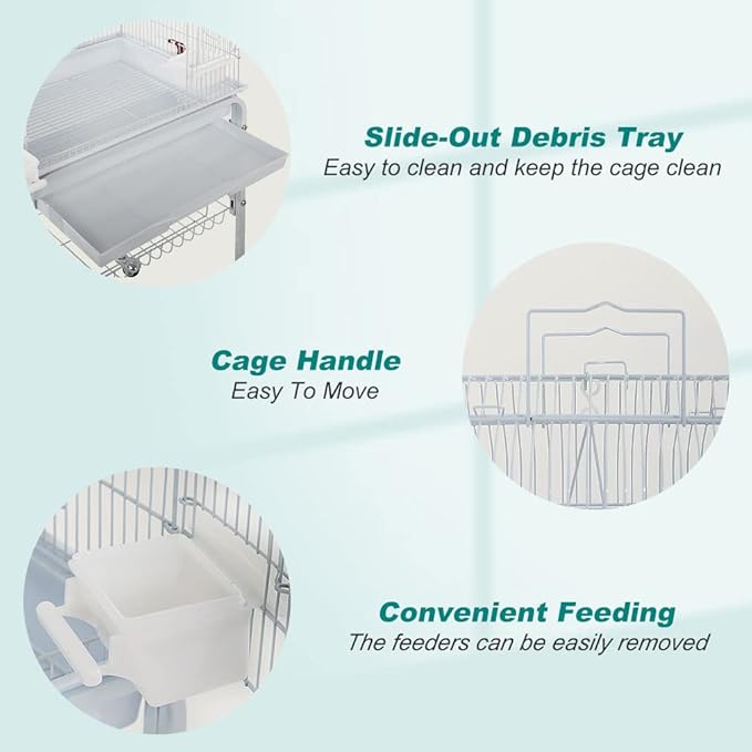 BestPet 64 inch Wrought Iron Bird Cage for Parakeets Medium Small Parrots Parakeet Cage with Detachable Rolling Stand & Play Open Top for Cockatiels Lovebird Finches Canaries,White