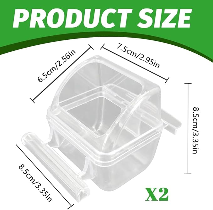2 Pack Bird Feeders for Cage, No Mess Clear Hanging Parrot Food Bowl, Plastic Slot Food & Water Dispenser Bowl Set, Bird Cage Accessories for Hamsters,Pigeons,Parrot