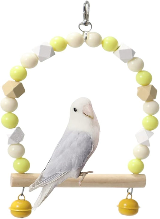 Wooden Bird Swing for Cockatiels Parrot Perch Hanging Toys Parakeets Birdcage Stands Cage Playground Play Gyms Accessories Colorful Bead Bell Climbing Toy for Lovebirds Conures Budgies (Yellow)