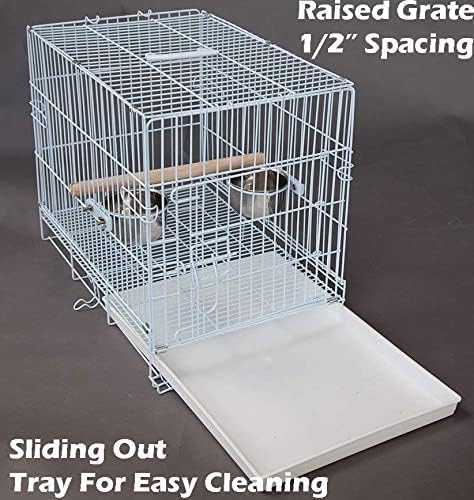 Durable Easy Portable Metal Travel or Veterinary Collapsable Parrot Bird Carrier Bite-Proof Cage with Stainless Steel Feeder Bowls Natural Wooden Perch Stand