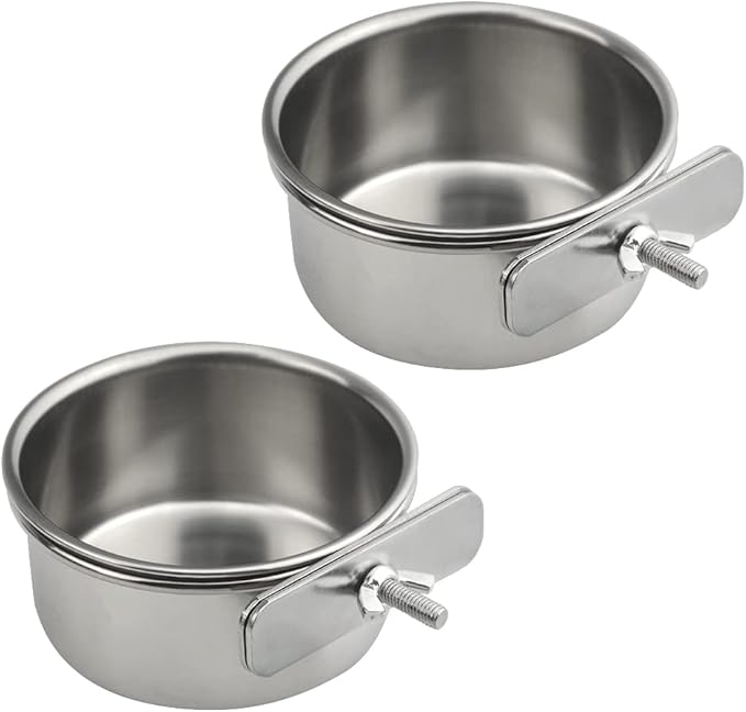 2Pack Bird Feeding Dish Cups Stainless Steel Parrot Feeders Water Cage Bowls with Clamp Holder for Parakeet Conure Cockatiels Macaw Small Animal (10cm)