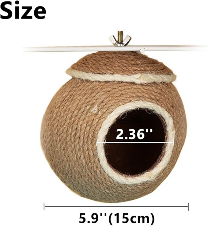 Sugar Glider House Climb Toys Natural Coconut Shell Hemp Rope Hut Hide Out Nest for Rat Hamster Squirrel Bird Parakeet,Cage Habitats Hammock (Screw Fixed)