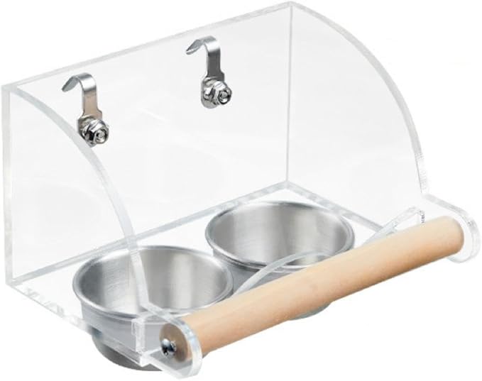 Bird feederDouble Removable Cups - Splash Protection and Natural Wood - cage Safety Hook Design - Splash Proof and Easy to Clean - Small/Medium Birds